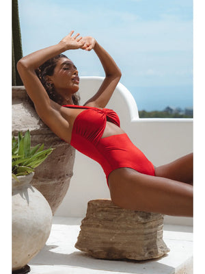 Ibiza One Piece One Shoulder Ruched Swimsuit - Red Lava