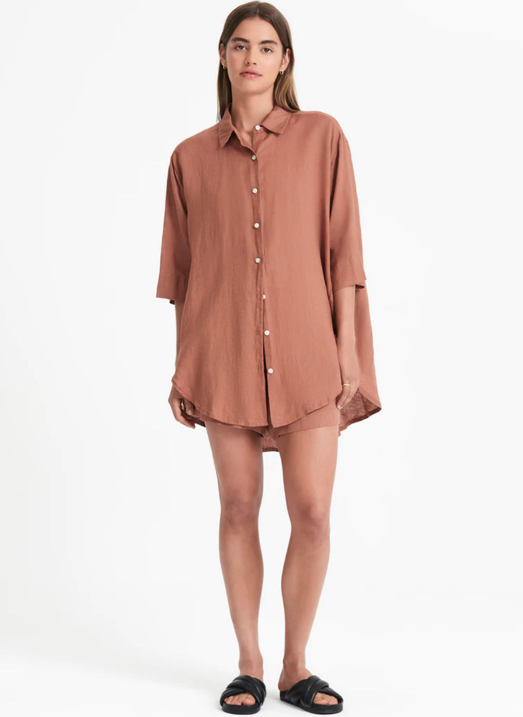 Nude Lucy Lounge Linen Longline Shirt - Terracotta